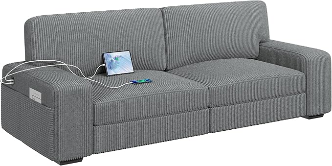Yaheetech 83.5 W Modern Sofa Couch Corduroy Fabric Sofa with Detachable Cover USB Charging Ports &amp Side Storage Pockets for Living Room Apartment Dark Gray