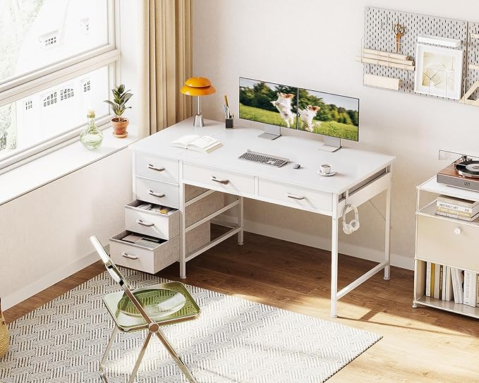 ODK Computer Desk with 6 Drawers 48 Inch Office Desk with Storage Reversible Desk with Headphone Hook for Home Office Work Study Table Vanity for Bedroom White