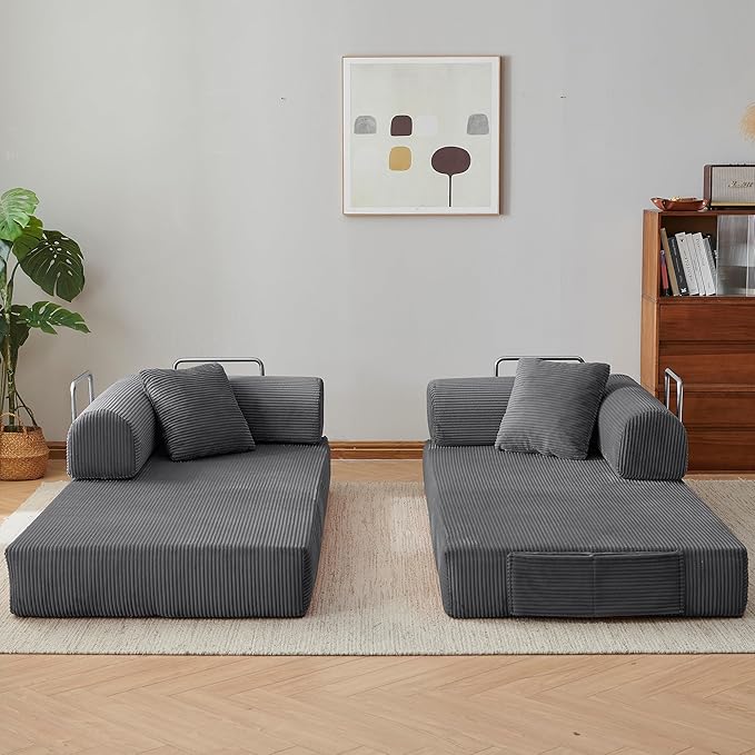 79 Convertible Sleeper Sofa Bed Modern Corduroy Floor Couch Bed with Fixed-Shape Frame Modular Sofa Couch with Pull Out Bed Boneless Loveseat Sleeper Couches for Living Room Grey