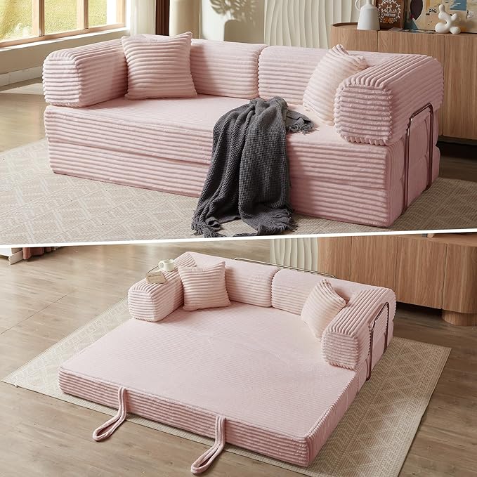 4-in-1 Convertible Folding Sleeper Sofa Bed Plush Corduroy Foldable Mattress Couch with Fixed-Shape Frame Floor Compressed Sofa for Living Room Bedroom (Pink)