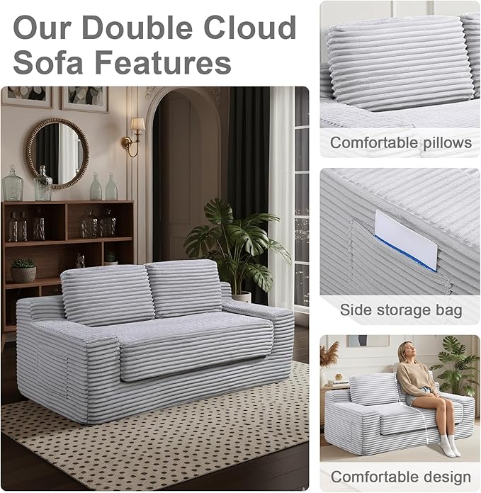 Boneless Loveseat Sofa: 70 Inch Corduroy Cloud Double Sofa 2-in-1 Convertible Cloud Sofa Bed for Living Room Apartment &amp Small Spaces (Minimalist Light Gray)
