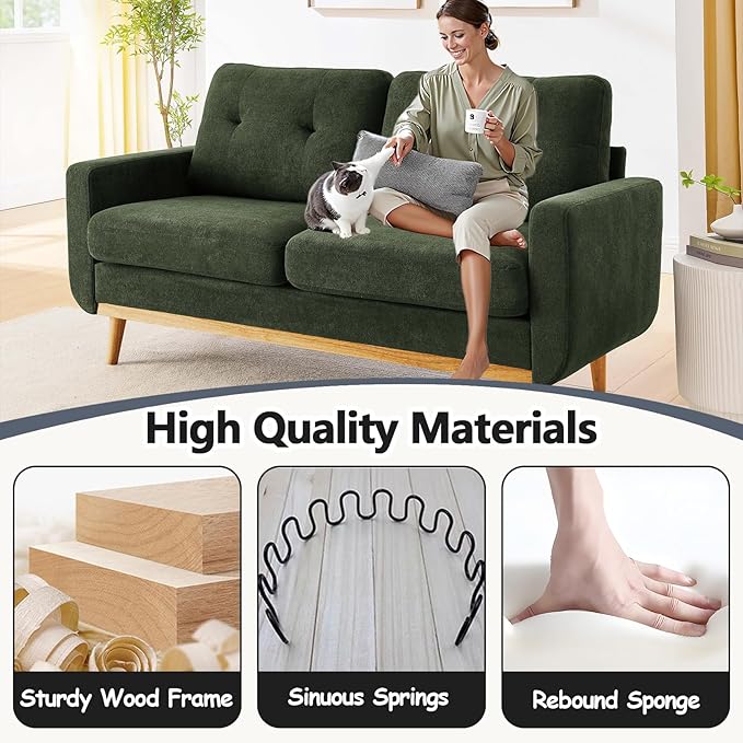 68“ Mid Century Modern Loveseat Sofa for Small Living Room Rraditional 2 Seater Couch for Office Apartment Bedroom Mini|Small|Vintage|Wood Frame|Chenille Fabric|600 LBS|Tufted (Saga Green)