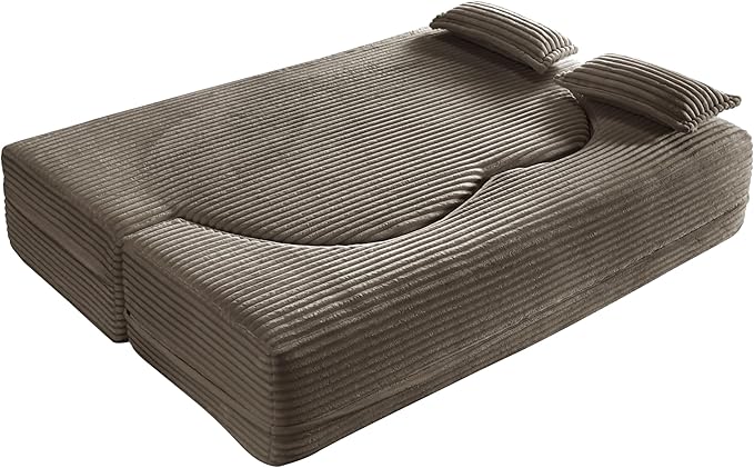 2 in 1 Folding Floor Couch Sofa Bed with 2 Pillows Convertible Sleeper Sofa Modern Full Mattress for Living Room Guestroom Plush Corduroy Floor Sofa BedNo Assembly RequiredCoffee