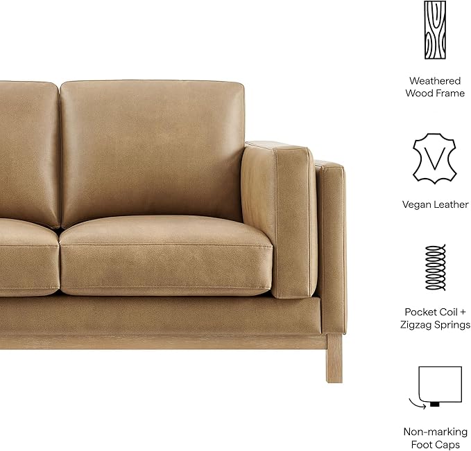 Modway Roscoe 63 Inch Vegan Leather Loveseat in Toast - Comfortable Faux Leather 2 Seater Couch for Living Room Apartment or Office Seating