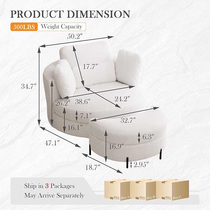 Aoiy &amp Wifon 50.2'' W Oversized Swivel Barrel Chair with Storage Ottoman Ivory Round Accent Chair with Half Moon Ottoman for Living Room Deep Seat &amp Extra Wide Sherpa