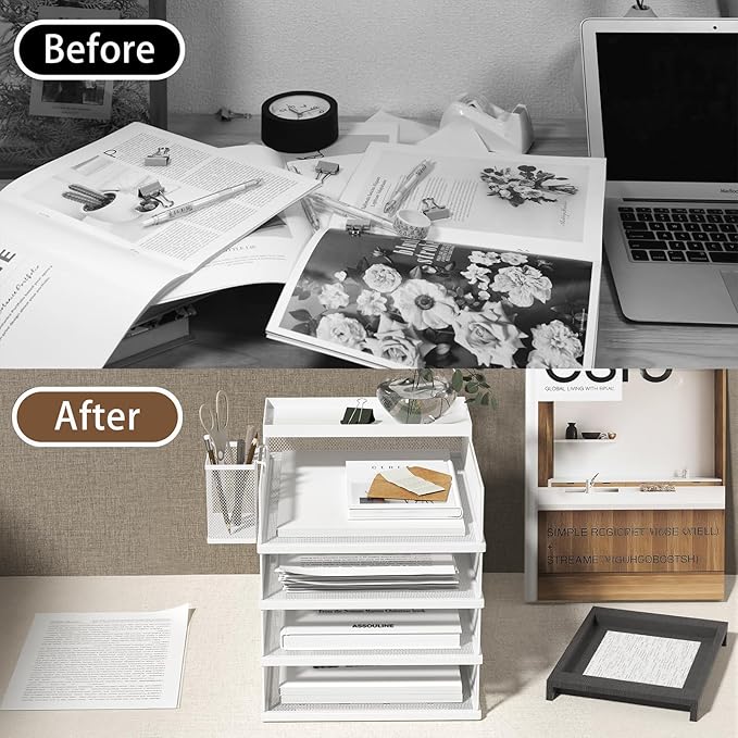 Stackable Letter Trays 4 Tier Metal Paper Tray &amp Desk Organizer Stackable File Trays for Office &amp Home Multi-Functional Document Tray with Fine Grid Design &amp Magnetic LabelsWhite