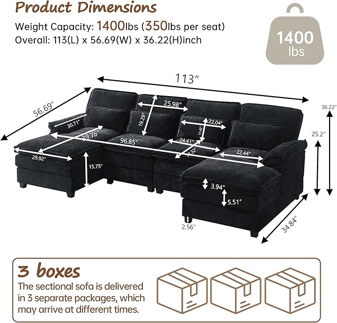 113 U Shaped Sectional Sofa Comfy Cloud Couch Chenille Sofa Sleeper Deep Seat Sofa with 4 Throw Pillows 4-Seater Double-Layer Modern Sofa for Living Room Black