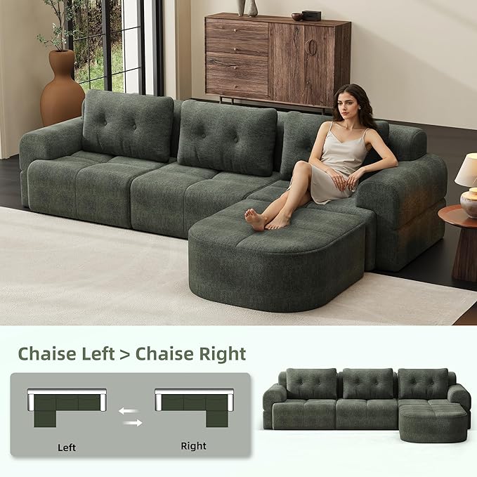 Boneless L-Shaped Modular Couch - 110 Inch Cloud Chenille Compression Sectional SofaNo Assembly Required Ideal for Apartments &amp Living RoomsBlackish Green