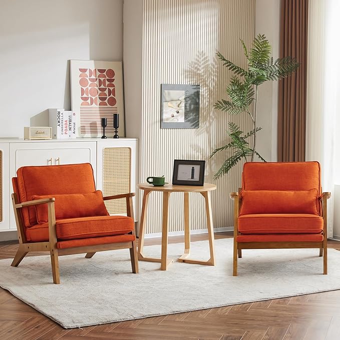 Karl home Accent Chair Wide Armrest Mid-Century Lounge Chair Linen Fabric Armchair with Lumbar Pillow &amp Solid Wood Frame for Living Room Bedroom Balcony Burnt Orange