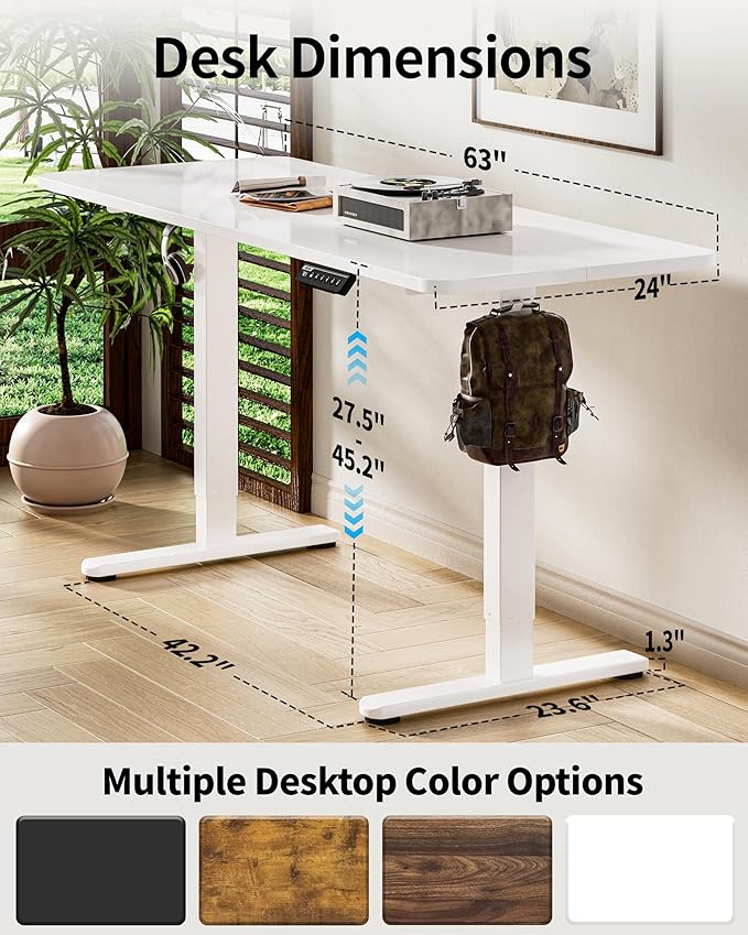BIZUM Electric Standing Desk 63 x 24 Inch Computer Desk-Gaming Desk White Home Office Desks Height Adjustable Memory Stand Up Computer Workstation