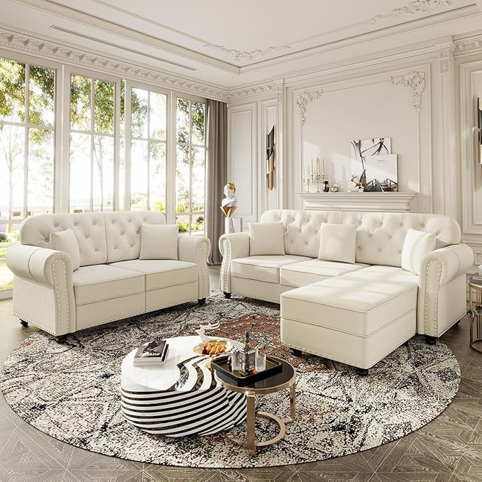 82.6 Deep Seat Chesterfield Sofa with Ottoman Mid-Century Modern Velvet Couch with Nailhead Trim Rolled Arm&amp 3 Pillows Comfy Tufted Upholstered 3 Seater Love Seat Couches for Living Room (Beig