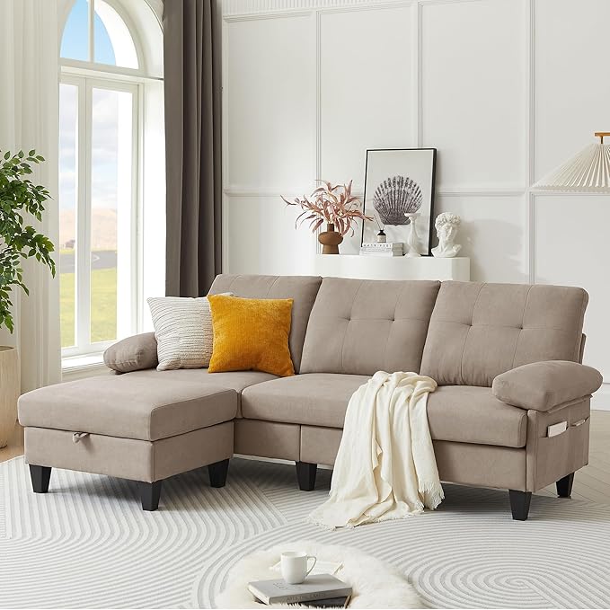 84 Convertible Sectional Sofa Deep 3-Seat L Shaped Sectional Couch with Ottoman Deep Seat Cushions Modern Linen Couches for Living Room Apartment and Small Spaces (Beige)