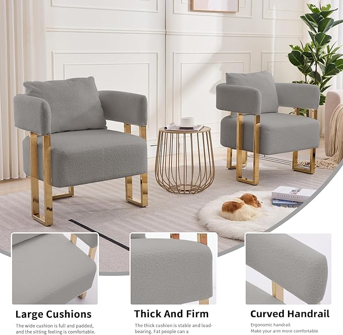 YITAI Modern Accent Chairs no Wheels Living Room Side Chairs Set of 2 with Golden Metal Legs Barrel Soft Teddyt Upholstered Reading Armchairs for OfficeReception RoomBedroomLoungeGrey