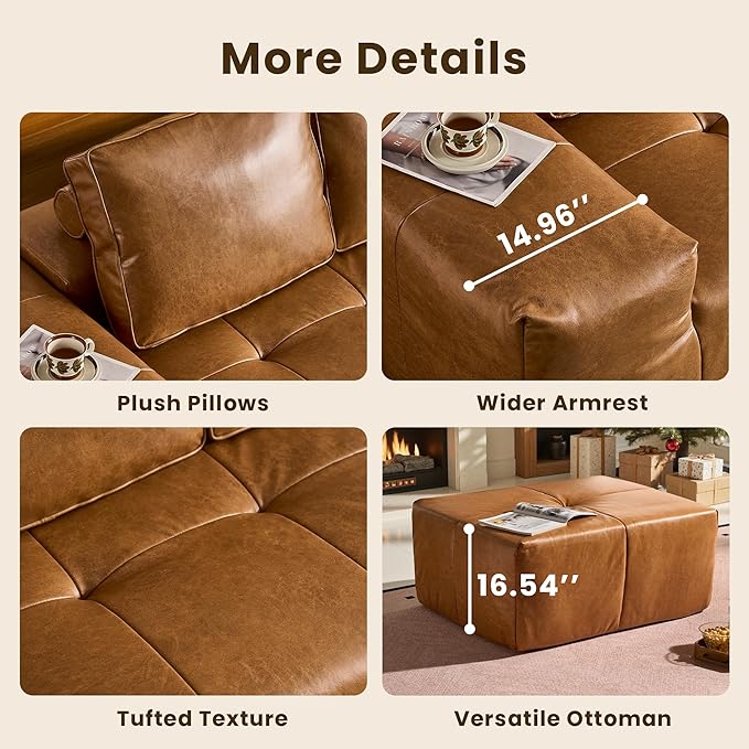 114 Cloud Sectional Couch with L-Shape Chaise &amp Ottoman Modern Boneless Couches for Living Room Fluffy Tufted Deep Seat Modular Sofa No Assembly (Faux LeatherBrownRight Facing)