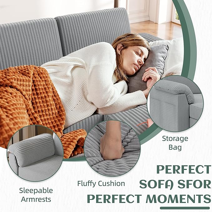 Vongrasig 79 Convertible Sectional Couch Sofa with Storage Ottoman 3 Seat L Shaped Couch with Side Storage Pockage Small Couches for Living Room Apartment and Small Space (Light Grey)