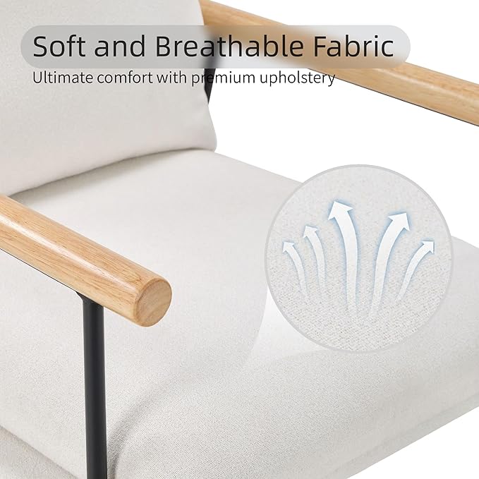 Modern Accent Chair with Removable Cushion &amp Wood Armrests - Ergonomic Vanity Chair for Living Room Bedroom Balcony 396lbs Capacity Corduroy Fabric Comfy Chair with Easy Assembly (White)
