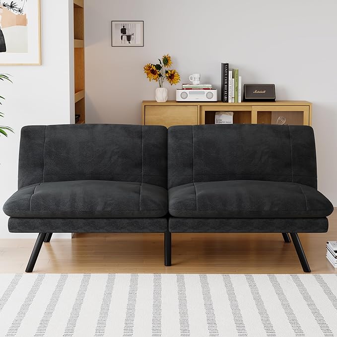 Futon Sofa Bed Convertible Couch Black Linen Sofa Bed with Adjustable Backrest Multifunctional Small Loveseat Sleeper Sofa for Living Room Apartment Office