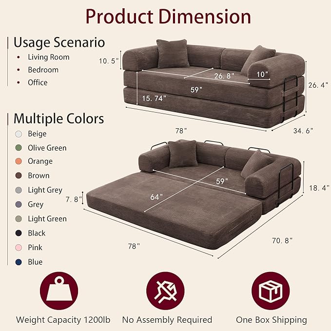 JJJ 78 inch Sofa Bed 4-in-1 Boneless Convertible Corduroy Sleeper Folding Couch with Fixed-Shape Frame and 2 Futons No Assemble Required 3 Seater Upholstered for Living Room (Brown 78 inch)