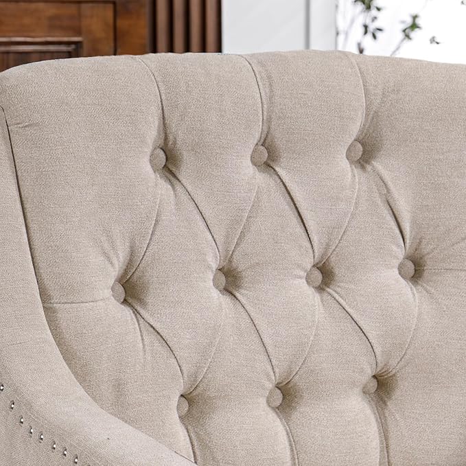 Beige Accent Chair Living Room Chair Footrest Chair Set with Vintage Brass Studs Button Tufted Upholstered Armchair for Living Room Comfy Reading Chair for Bedroom Reception Room