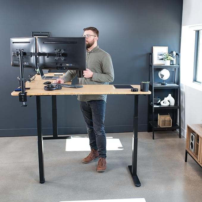 VIVO Electric Height Adjustable 83 x 60 inch Corner Stand Up Desk 2 Solid Bamboo Table Tops Black Frame Memory Controller L-Shaped Workstation 3E Series DESK-KIT-3E8BO