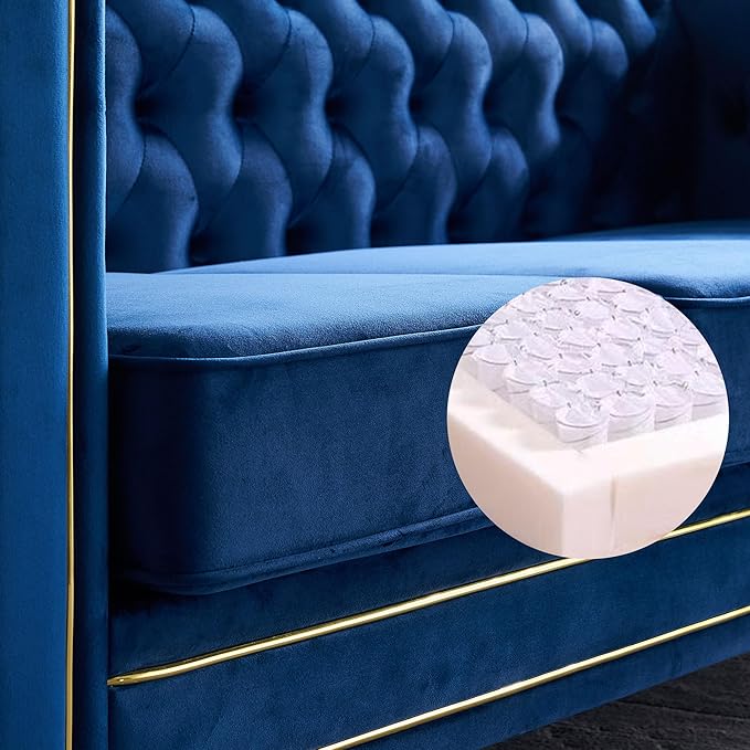 KEIKI 85 Chesterfield Velvet Tufted Button Sofa with Deep Seat Cushions and Rolled Arms Modern Style 3-Seater Couch Decorated with Gold Strip Easy Assembly for Living Room Bedroom Office Blue