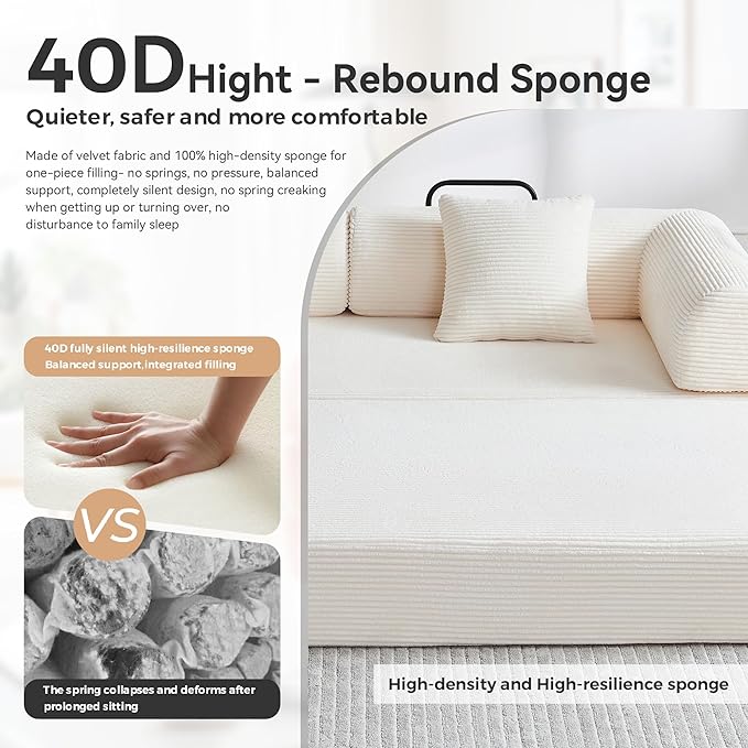 Convertible Folding Mattress Couch 5-in-1 Futon Sofa with Armrests Sleeper Mattress Sofa Bed Comfy Fold Out Bed for Living Room Bedroom LoungeGuest Office (Beige White)