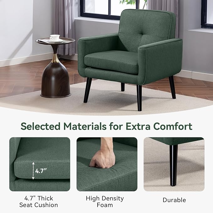 Mid Century Accent Chair Fabric Modern Chair with Wooden Frame Cozy Armchair Reading Chair with Comfy Back for Apartment Living Room Bedroom Waiting Room Small Space Corner Green