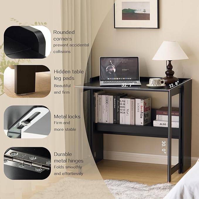 KEIKI 32.6 Folding Table with Storage Shelf Foldable Computer Desk for Small Spaces Space-Saving Study Table for Bedroom Home Office Dorm and Apartment Black