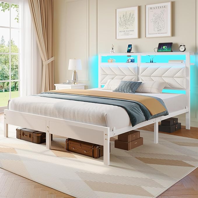 Seventable Bed Frame Full Size with Charging Station LED Bed with Upholstered Storage Headboard Metal Platform Bed with Under Bed Storage No Box Spring Needed Noise Free Easy Assembly White