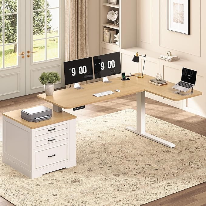 SEDETA Farmhouse L Shaped Electric Standing Desk 70.9 x 39.4 Height Adjustable Office Executive Desk with 3 Drawers Standing Computer Desks with Power Outlet for Home Office Oak