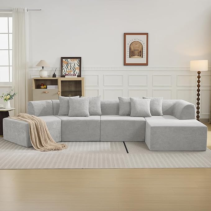 140''Oversized Cloud Velvet Curved Sectional Couch Boneless Couch with L-Shape Chaise Upholstered Compression Memory Foam Modular Sectional Sofa for Living Room No Assembly Required Grey