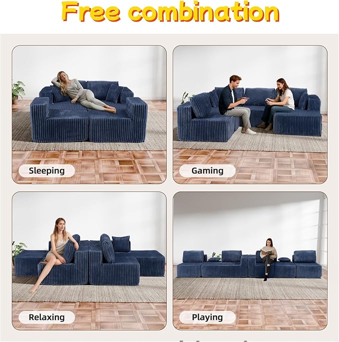 132 U Shaped Boneless Couch Cloud Sectional Modular Sofa with Double Chaise Lounge Corduroy Cloud Couch with Pillows &amp Deep Seat Boneless Sofa for Living Room Blue
