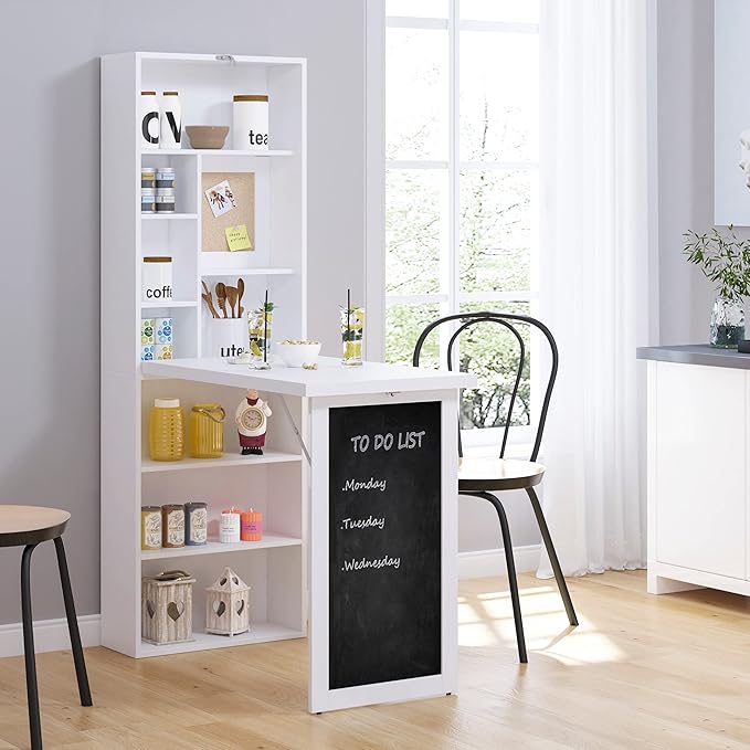Folding Wall Mounted Desk with Storage Expandable Hidden Computer Desk Foldable Space-Saving Pull Out Murphy Table Writing Table with Blackboard for Home Office Bedroom Small Spaces (White.)