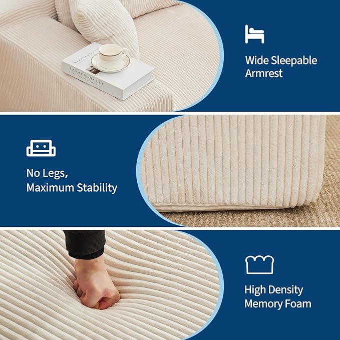 110 Modular Sectional Sofa Couches for Living Room Cloud Memory Boneless Couch No Assembly RequiredComfy Cloud 3-Seater Couch with Chaise Memory Foam Sofa for Offices Bedroom and Apartment