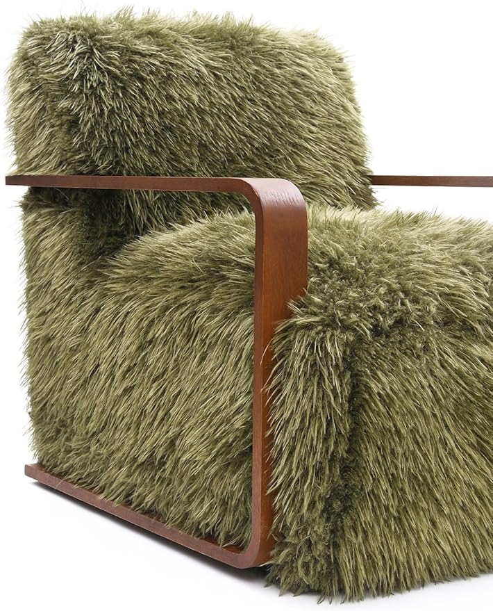 Comfortable Faux Fur Reading ChairModern Luxury Accent Chair Side Chairs with Curved Wooden Armrests for ApartmentLiving RoomOfficeStudyGreen