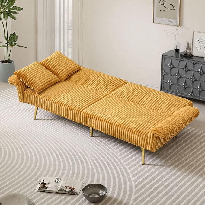 Rovibek Futon Loveseat Sofa Bed Modern Corduroy Futon Couch with Adjustable Backrest 2 Pillows Convertible Futon Sofa for Small Spaces Living Room Apartment Guest Room Yellow