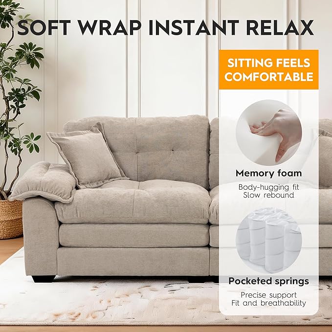Modern 84 Chenille Loveseat Sofa Ultra-Comfy Upholstered Couch with 2 Pillows for Apartment Living Room Bedroom or Home Office (Oatmeal)