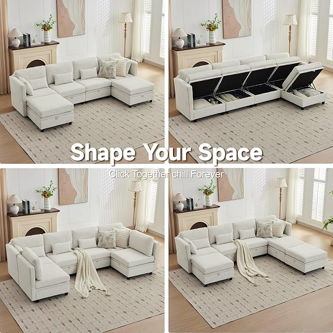 112 Modular Sectional Sofa with Storage-U Shaped Sectional Sofa for Living Room Convertible Cloud Sectional Couch with Chaise 6 Seat Couch with Cushions Adjustable Backrest Design Beige