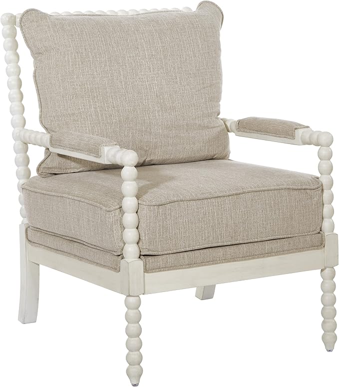 OSP Home Furnishings Kaylee Spindle Accent Chair with Antique White Wood Frame Beige Linen Fabric