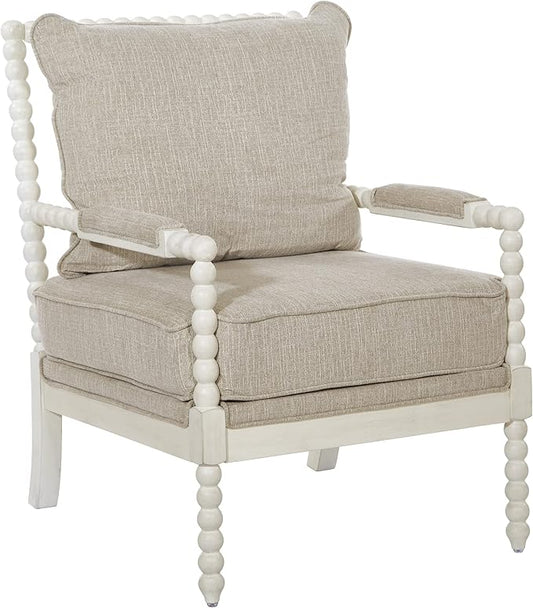 OSP Home Furnishings Kaylee Spindle Accent Chair with Antique White Wood Frame Beige Linen Fabric