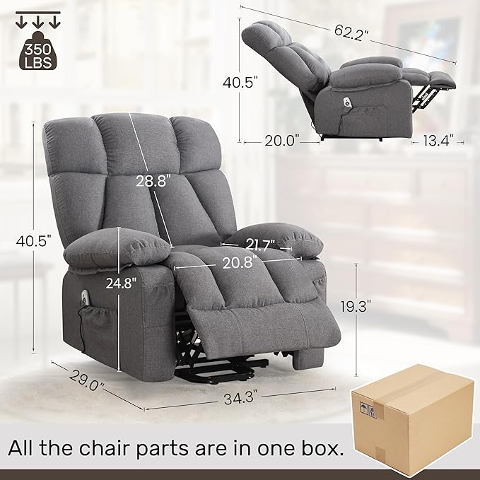 Power Lift Recliner Chair for Elderly Big and Tall Lift Chair with Massage and Heat for Living Room Fabric Electric Recliner Chairs with 4 Side Pockets USB Charge PortGrey