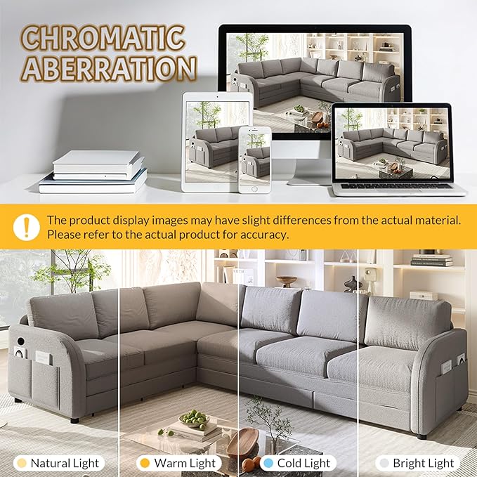 GNIXUU 115.2 L Shaped Couch with Pull Out Bed Convertible Sectional Sleeper Sofa with USB Port &amp Side Pockets 6 Seat Oversized Modular Teddy Cloud Couches for Living Room Apartment Light Gray