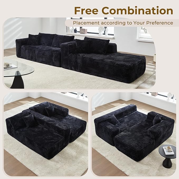 104 L-Shape Modular Sectional Sofa CouchComfy Upholstered Cloud Couch for Living RoomModern Minimalist CouchesDeep SeatNo Assembly Required (BlackPlush Corduroy Right Facing Chaise)