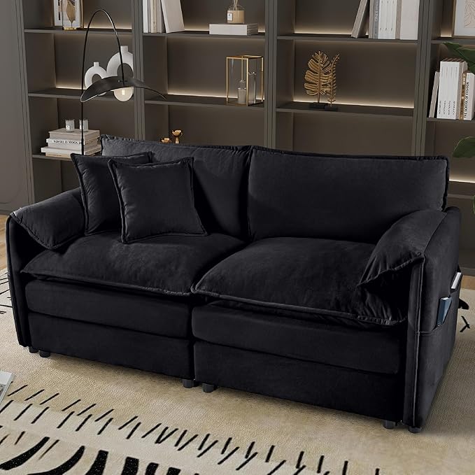KEIKI 75 Small Cloud Couch Sofa Chenille Deep Seating Loveseat Sofa with Storage Modern Upholstered Couches Set W/Pillow for Living Room Bedroom Office Black