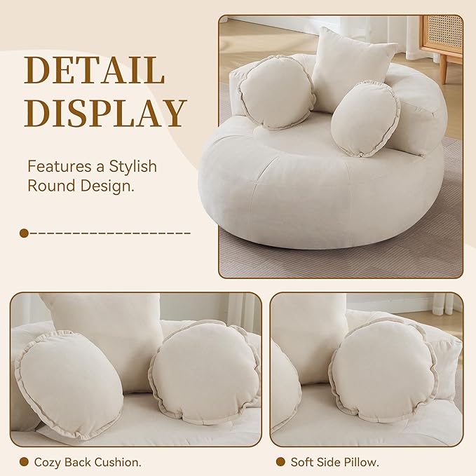 Round Oversized Chair Floor Sofa Chair Chenille Compressed Circle Chaise Lounge No Assembly Boneless Barrel Chair Lazy Bean Bag Couch Accent Chair for Living Room Bedroom DormBeige