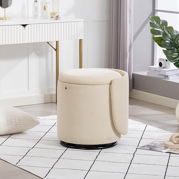 Round Vanity Chair with Storage &amp Cat Bed Stool Upholstered Small Swivel Accent Chair with Hidden Storage Makeup Barrel Chair for Bedroom Living Room (Stripes)