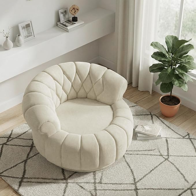 Luxury Swivel Accent Chair Oversized 31 Round Cuddle Chair with 360° Smooth Rotation Modern Channel Tufted Back Thick Padding for Living Room Bedroom Easy Assembly - Sand Beige