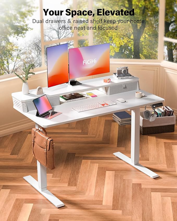 FiCiHi 48x24 Inch Standing Desk with Drawers C-Clamp Mount Compatible Electric Adjustable Height Computer Stand Up Desks Home Office Sit Stand Table with 3 Preset Heights White