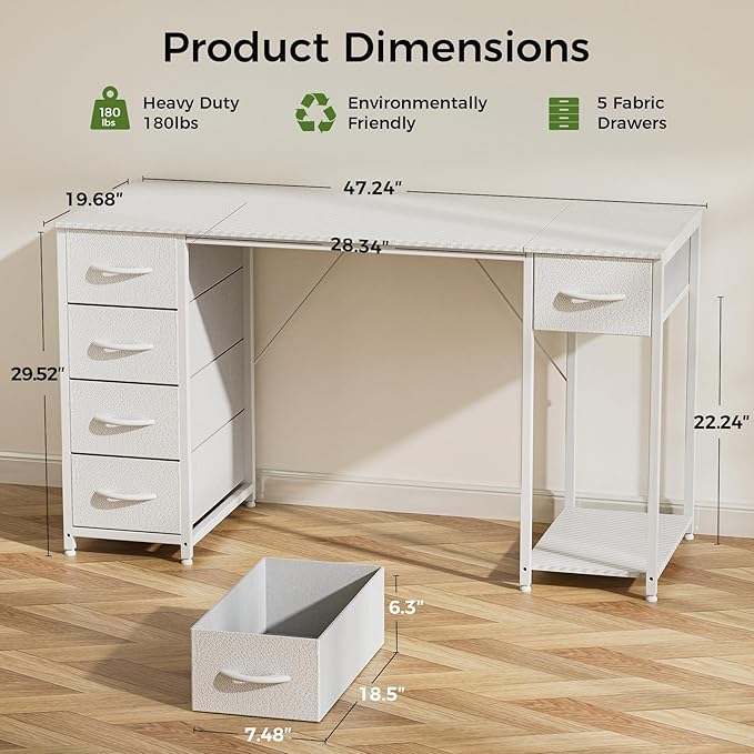 LUCKRACER Vanity Desk with 5 Fabric Drawers &amp Storage Shelves Makeup Dressing Table Computer Desks for Home Office Bedroom White No Mirror