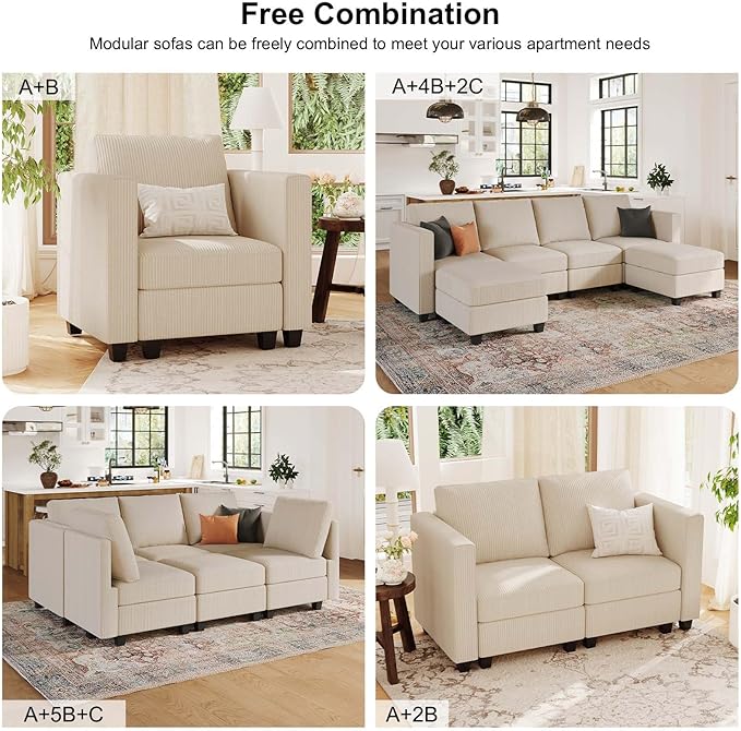 Belffin Corduroy Ottoman Modular Sectional Couch Module Parts Convertible Modern Sectional Sofa Couch Beige